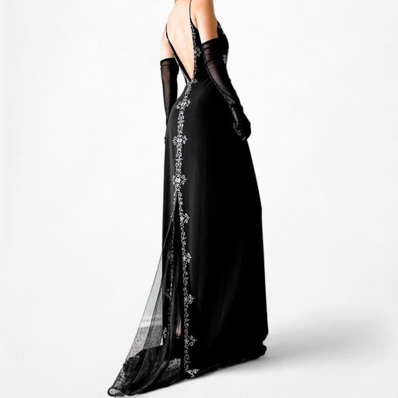 Vintage Black Beaded Knit Maxi Formal Prom Dress Size M/L - Picture 1 of 8